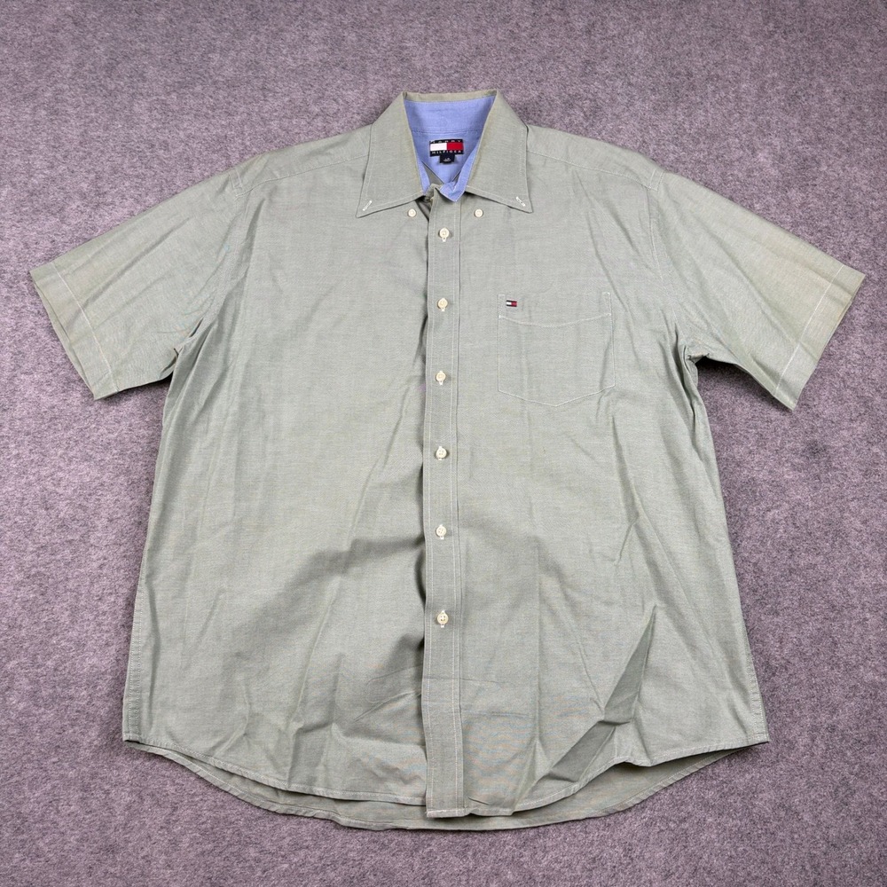 Tommy Hilfiger Button Down Shirt Mens L Sage Green Short Sleeve Oxford Logo Golf